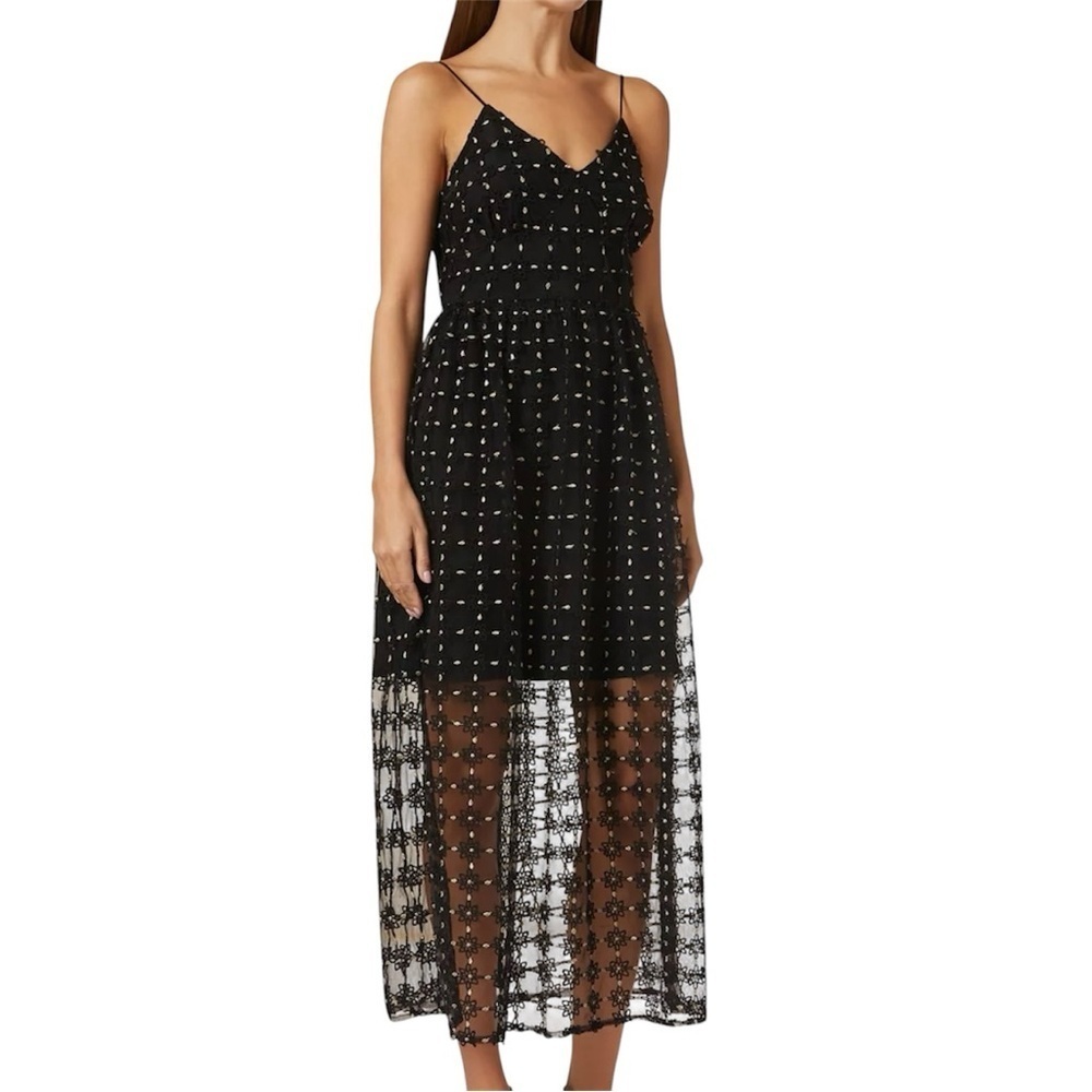 NWT Never Fully Dressed Black Strappy Gold Floral‎ Embroidered Midi Dress SZ 2